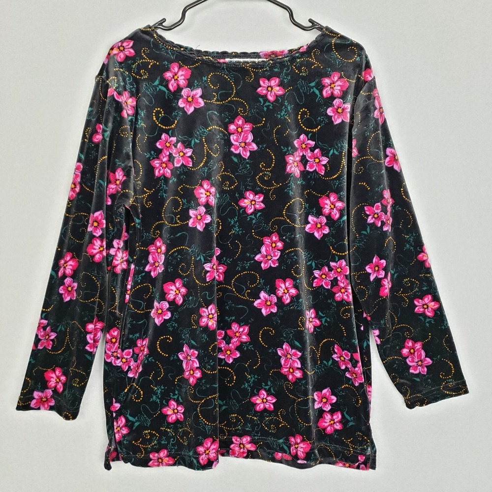Vintage Floral Velvet Top Black Pink Y2K Whimsigoth Forest Nymph Mystical Size L